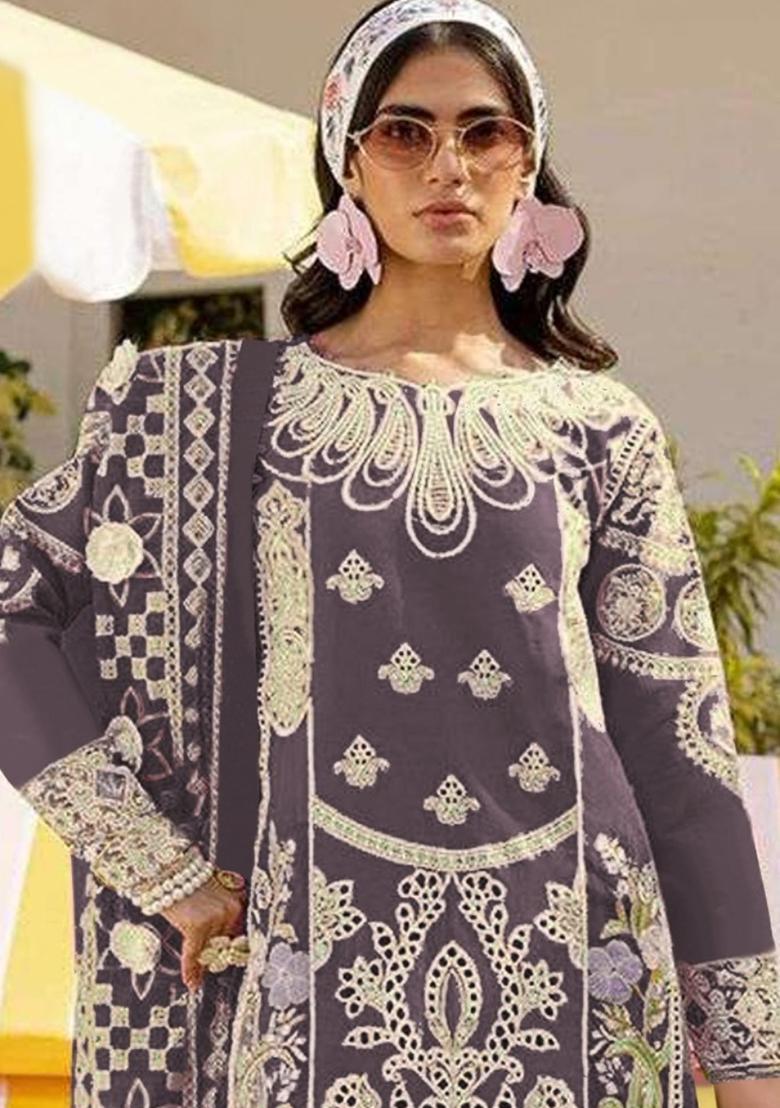 Dark Lavender Embroidered Faux Georgette Suit - Indya