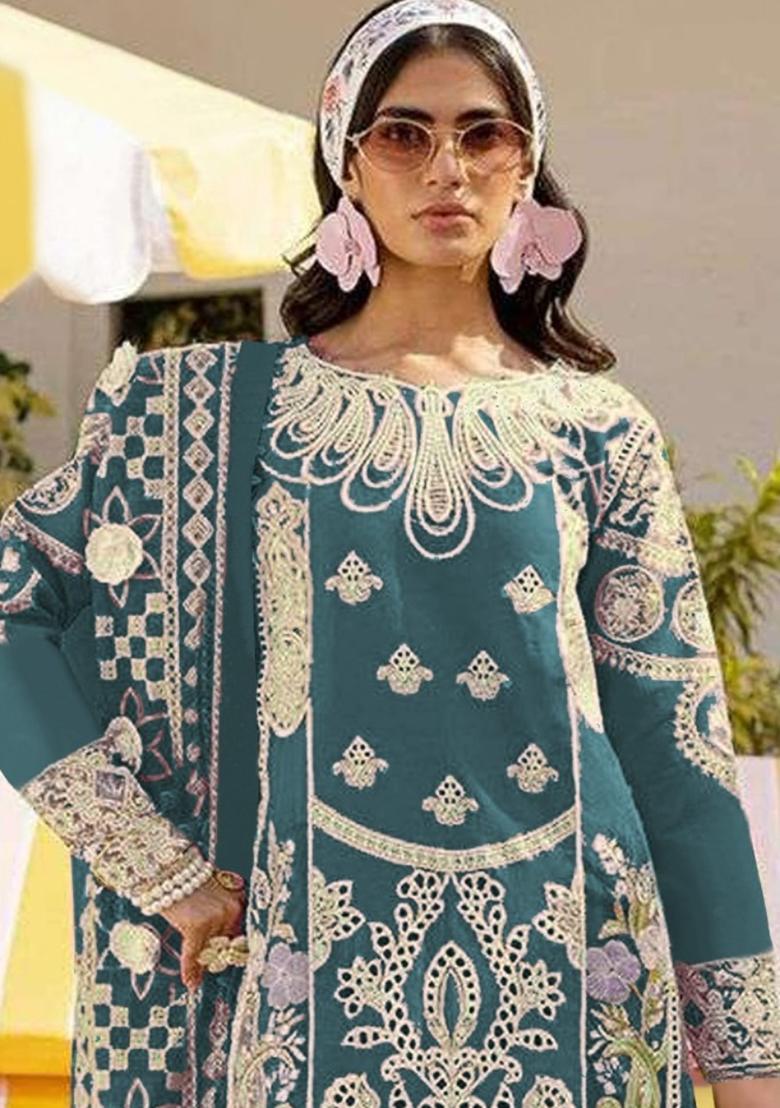 Teal Blue Embroidered Faux Georgette Suit - Indya