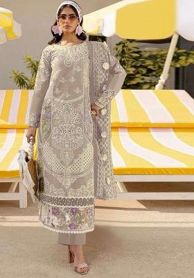 Beige Embroidered Faux Georgette Suit