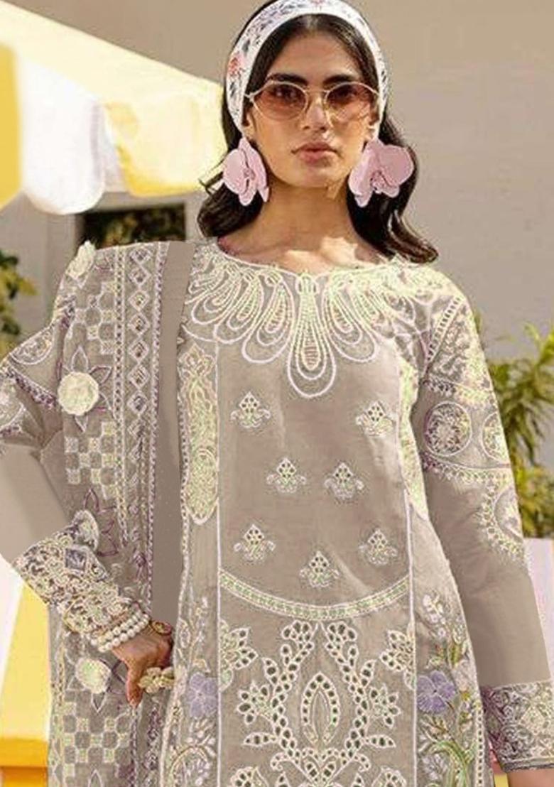 Beige Embroidered Faux Georgette Suit - Indya