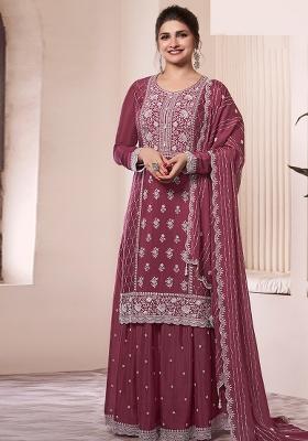 Wine Embroidered Silk Plazzo Set