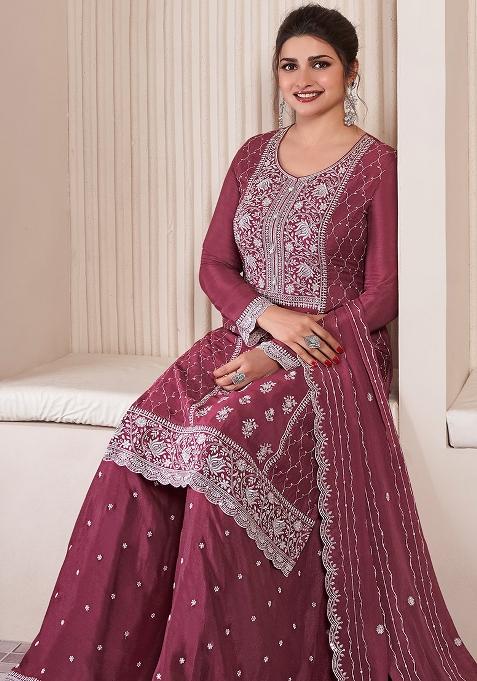 Wine Embroidered Silk Plazzo Set