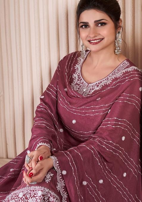 Wine Embroidered Silk Plazzo Set