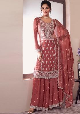 Peach Embroidered Silk Plazzo Set