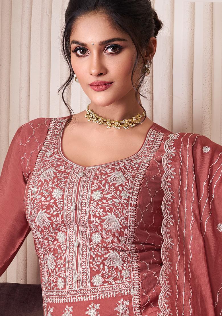 Peach Embroidered Silk Plazzo Set - Indya