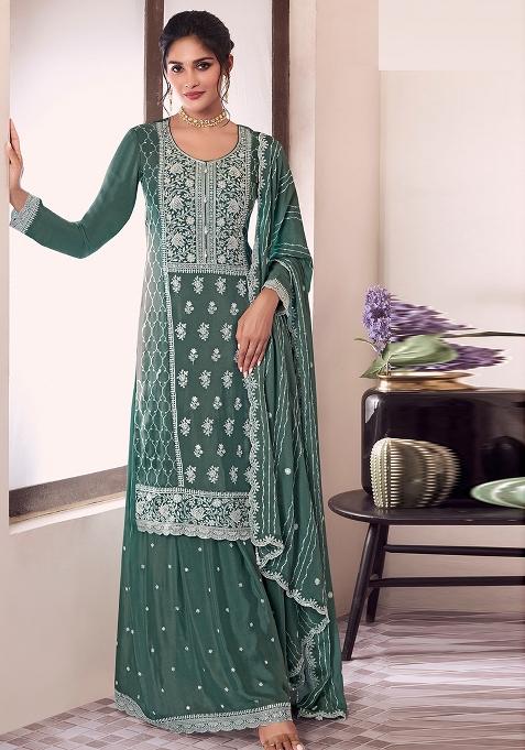 Green Embroidered Silk Plazzo Set