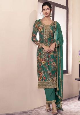 Green Embroidered Silk Salwar Kameez With Dupatta