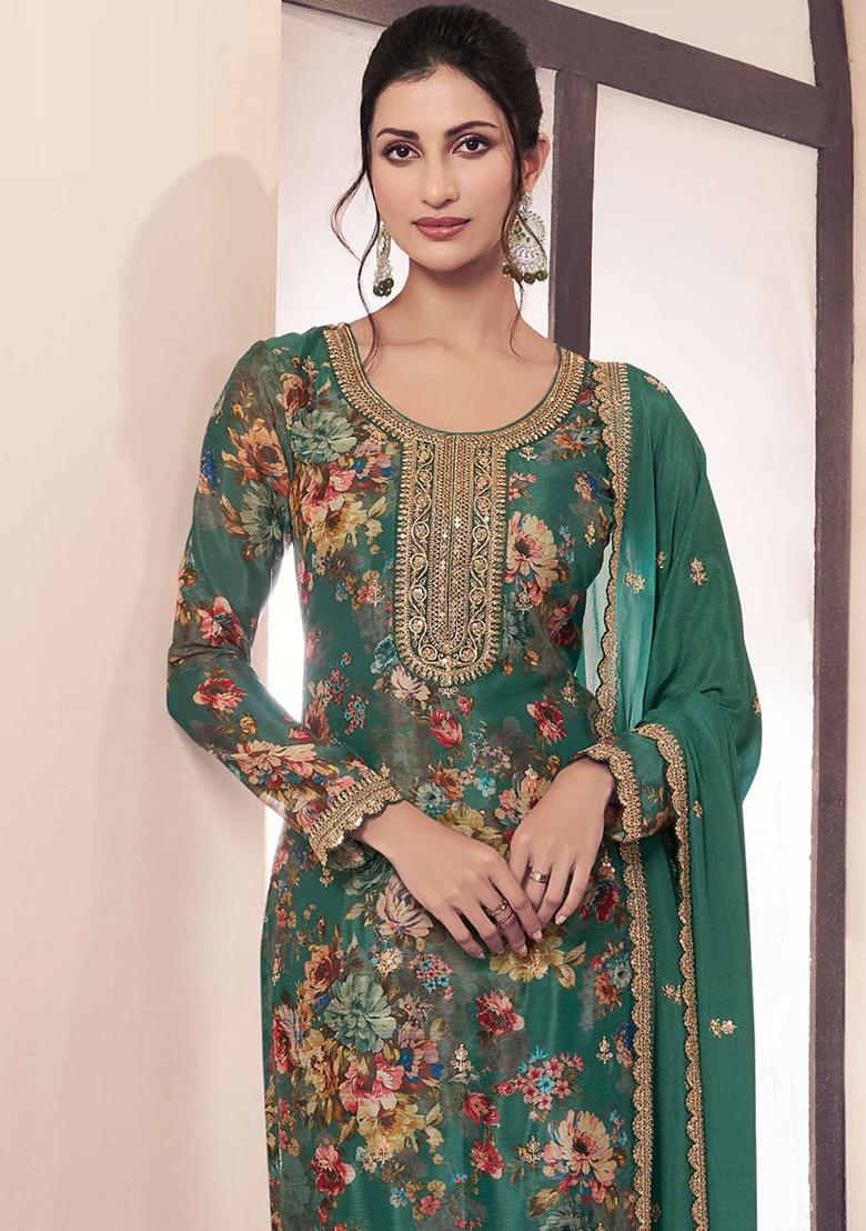 Green Embroidered Silk Salwar Kameez With Dupatta - Indya