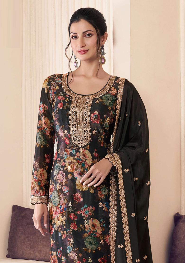 Black Embroidered Silk Salwar Kameez With Dupatta - Indya