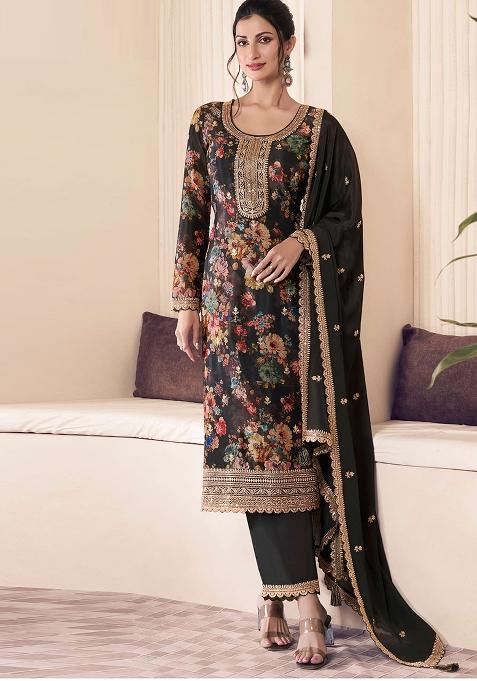 Black Embroidered Silk Salwar Kameez With Dupatta