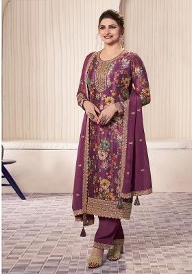 Wine Embroidered Silk Salwar Kameez With Dupatta