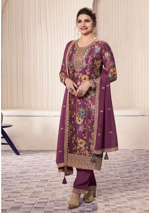 Wine Embroidered Silk Salwar Kameez With Dupatta