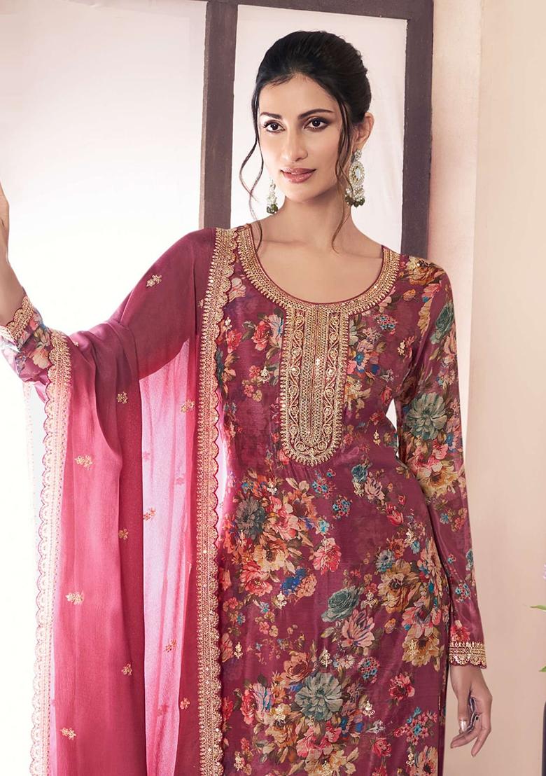 Pink Embroidered Silk Salwar Kameez With Dupatta - Indya