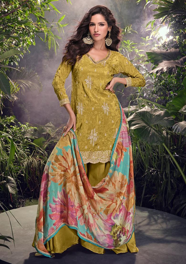 Mustard Embroidered Shimmer Plazzo Set - Indya