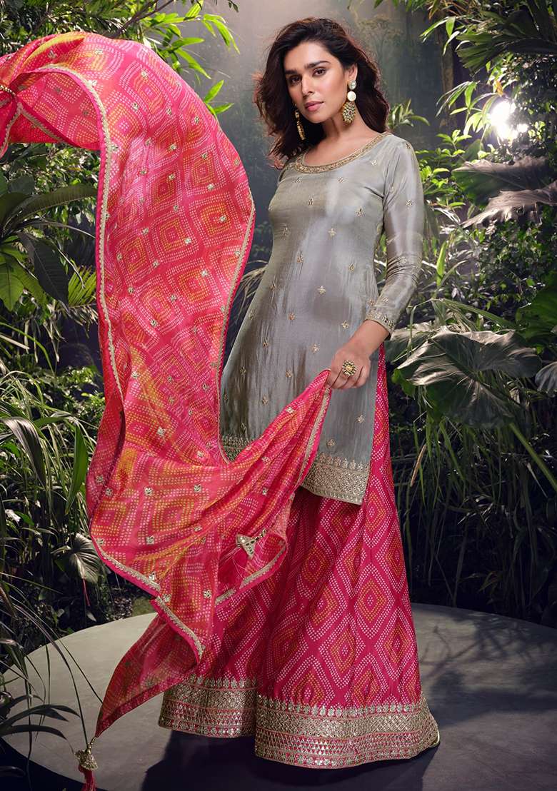 Grey Embroidered Shimmer Sharara Set - Indya