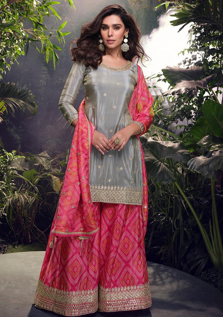 Grey Embroidered Shimmer Plazzo Set - Indya