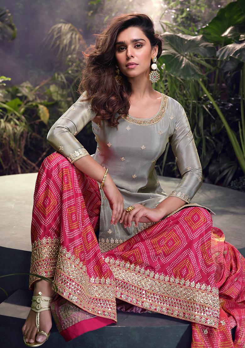 Grey Embroidered Shimmer Plazzo Set - Indya