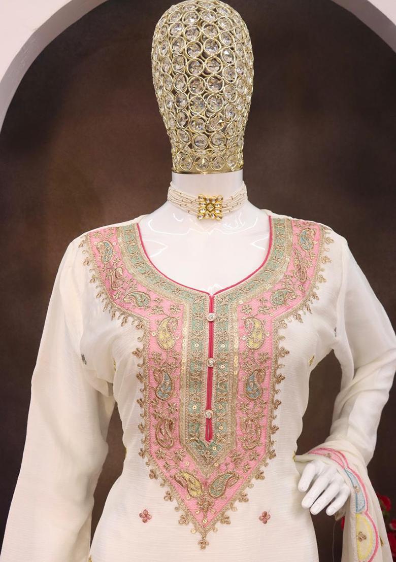 White Embroidered Silk Plazzo Set