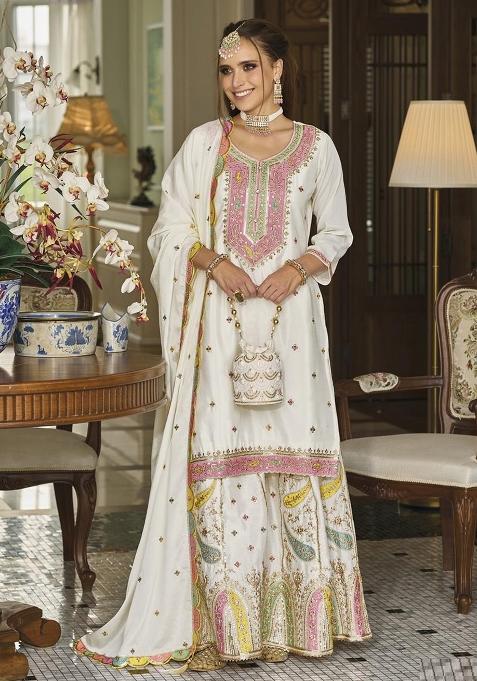 White Embroidered Silk Plazzo Set