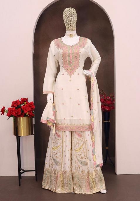 White Embroidered Silk Plazzo Set