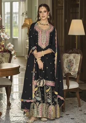 Black Embroidered Silk Plazzo Set