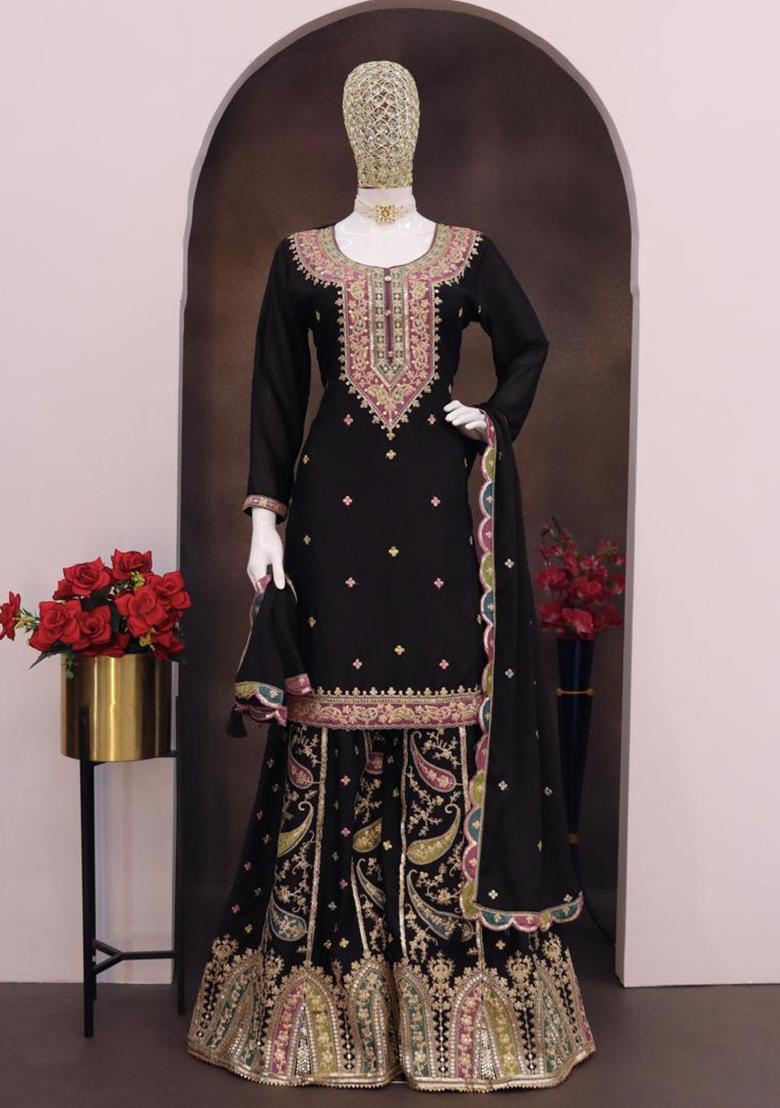Black Embroidered Silk Plazzo Set - Indya