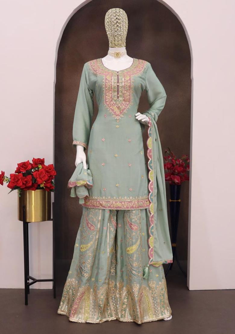 Sky Blue Embroidered Silk Plazzo Set - Indya