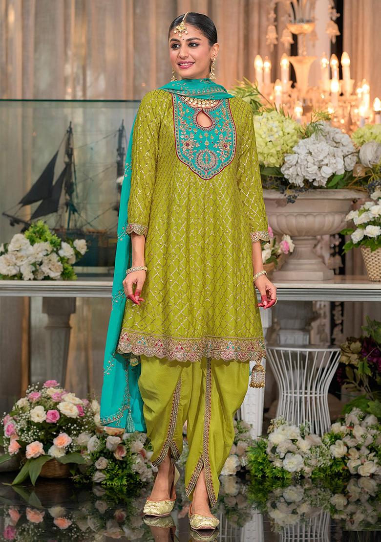 Green Embroidered Silk Dhoti Suit Set