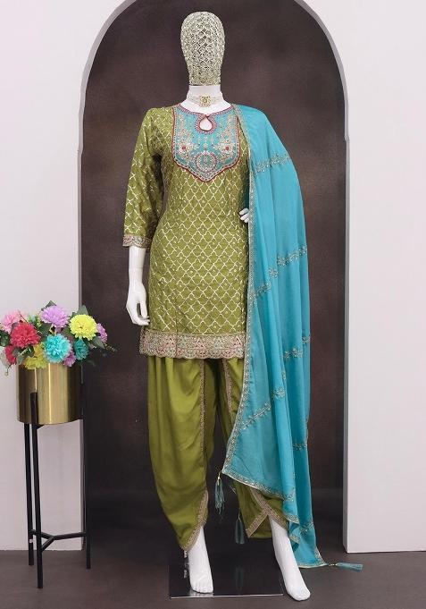 Green Embroidered Silk Dhoti Suit Set