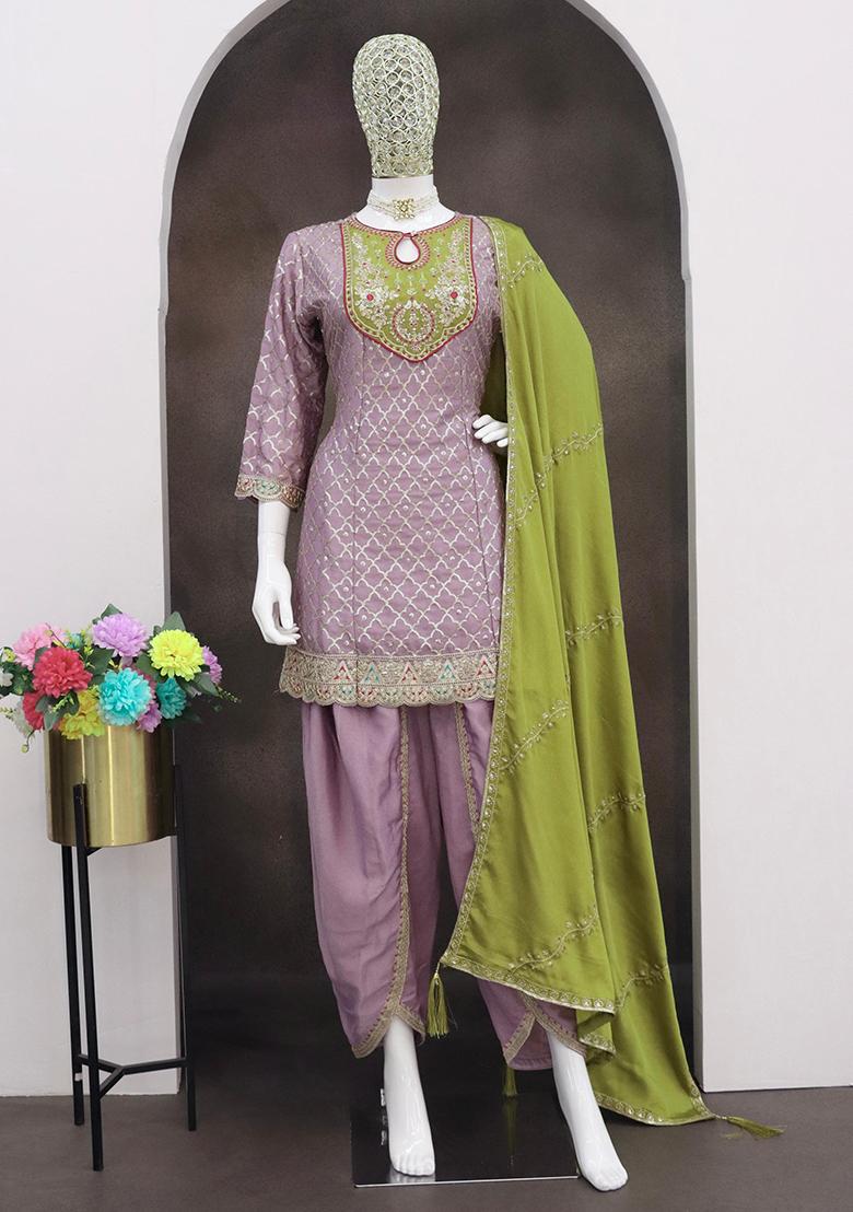 Lavender Embroidered Silk Dhoti Suit Set - Indya