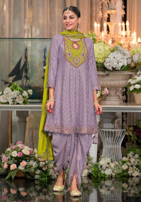 Lavender Embroidered Silk Punjabi Suit