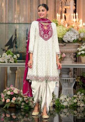 White Embroidered Silk Dhoti Suit Set