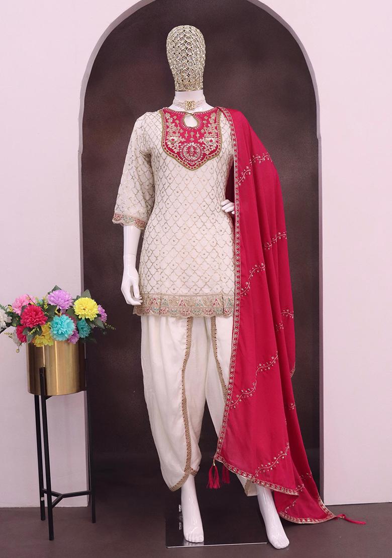 White Embroidered Silk Dhoti Suit Set