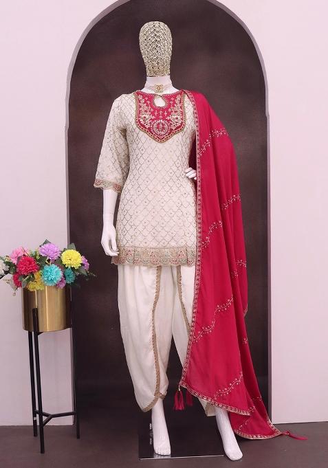 White Embroidered Silk Dhoti Suit Set