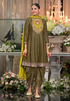 Mehendi Embroidered Silk Dhoti Suit Set