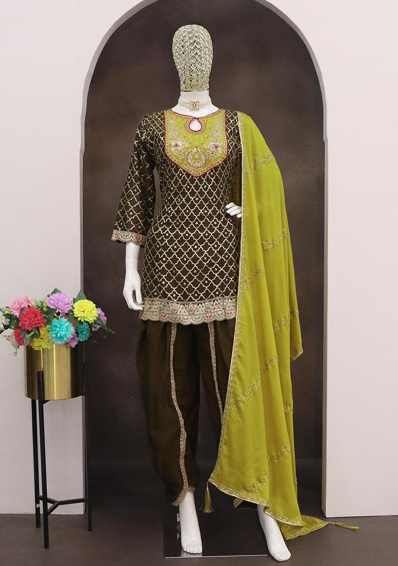 Mehendi Embroidered Silk Dhoti Suit Set - Indya