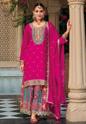 Pink Embroidered Silk Plazzo Set