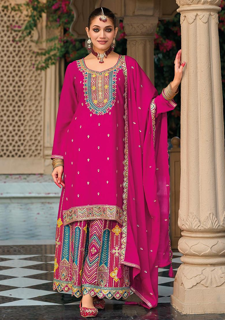 Pink Embroidered Silk Plazzo Set