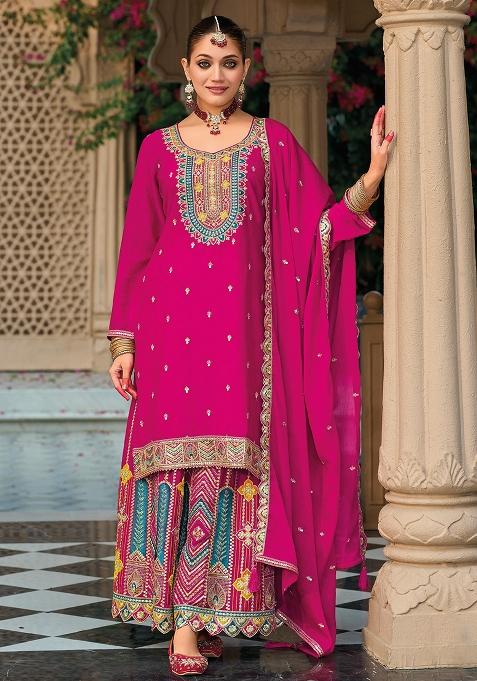 Pink Embroidered Silk Plazzo Set