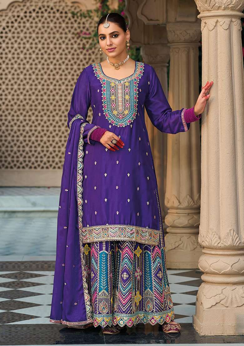 Navy Blue Embroidered Silk Blend Sharara Set - Indya