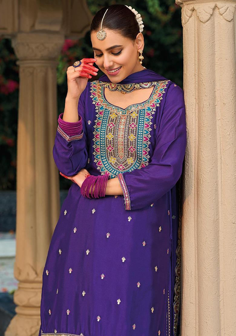 Navy Blue Embroidered Silk Plazzo Set - Indya