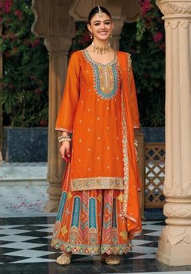 Orange Embroidered Silk Plazzo Set