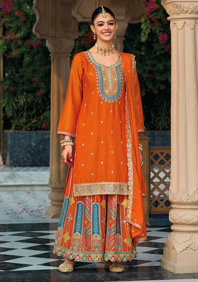 Orange Embroidered Silk Blend Sharara Set - Indya