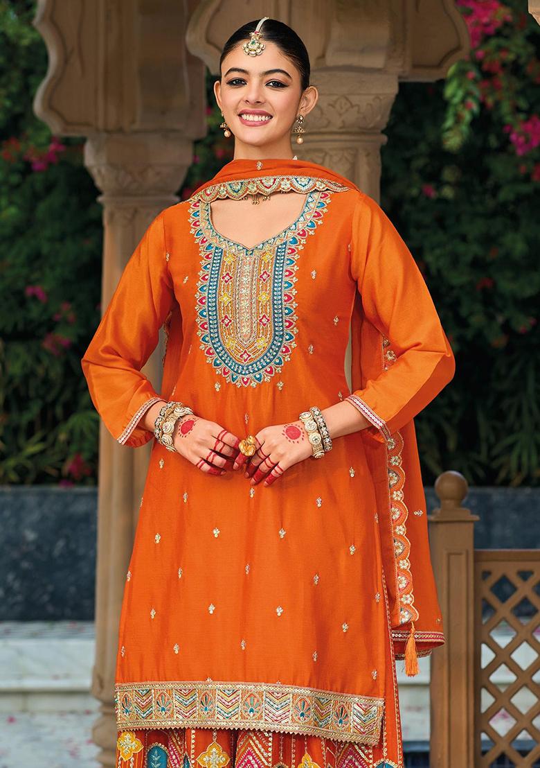 Orange Embroidered Silk Plazzo Set - Indya