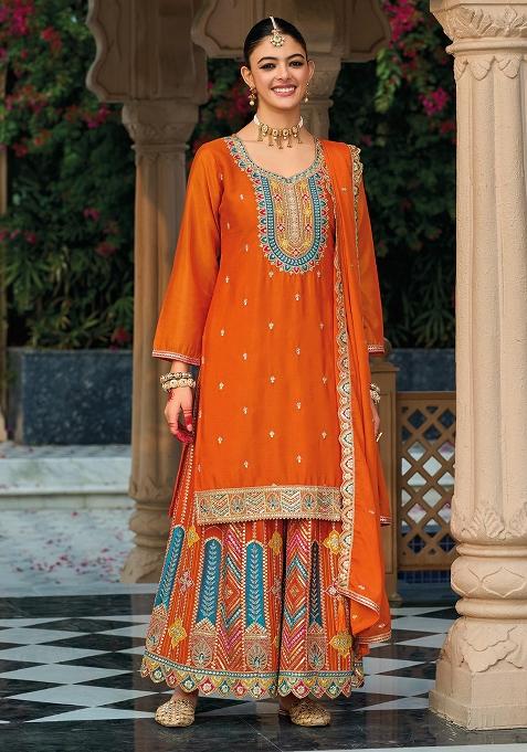 Orange Embroidered Silk Plazzo Set