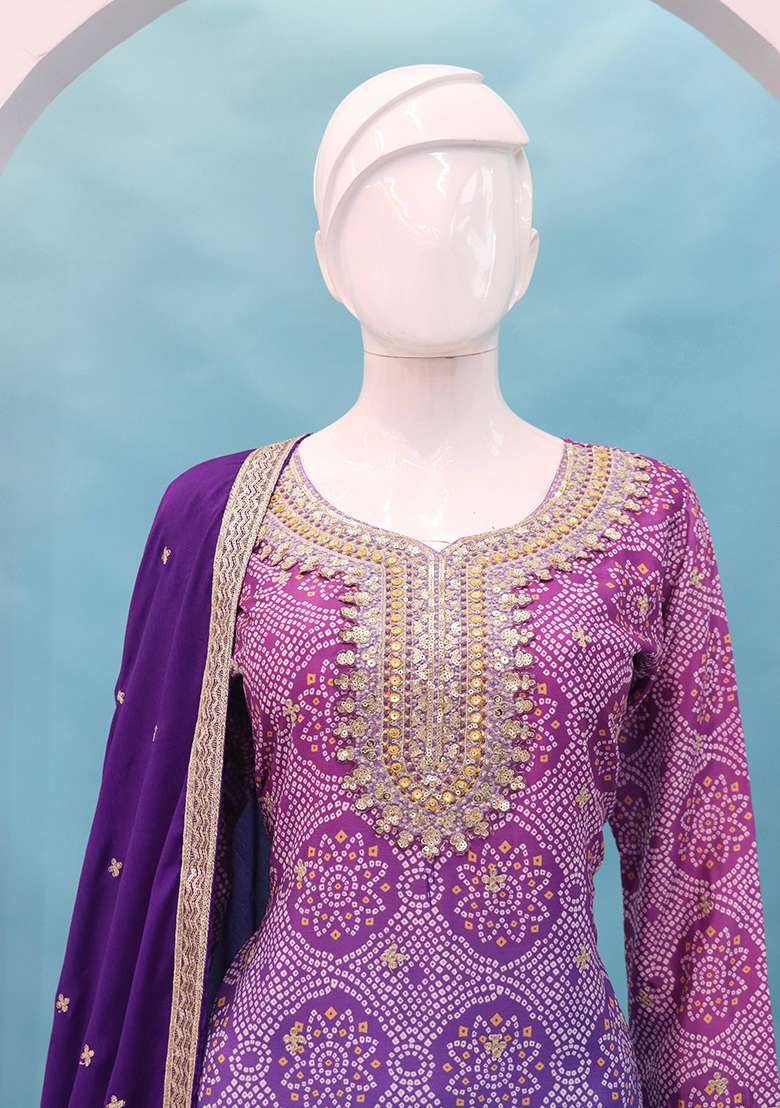 Lavender Bandhani Silk Blend Sharara Set - Indya