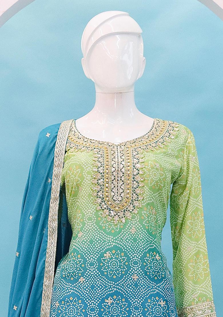 Blue Embroidered Silk Plazzo Set - Indya