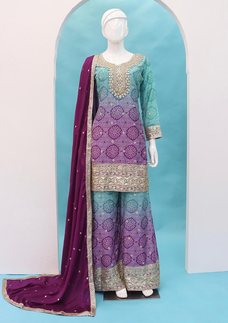 Purple Embroidered Silk Plazzo Set