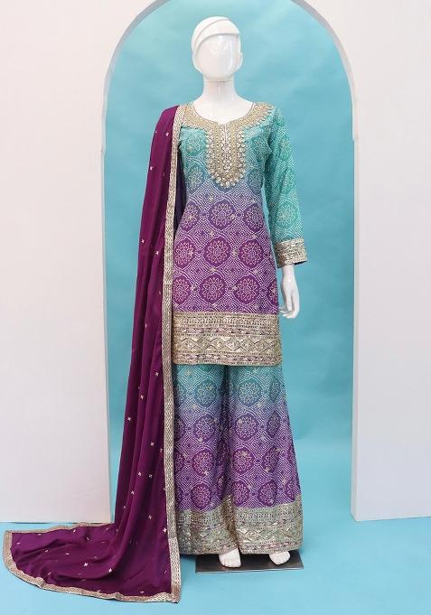 Purple Embroidered Silk Plazzo Set