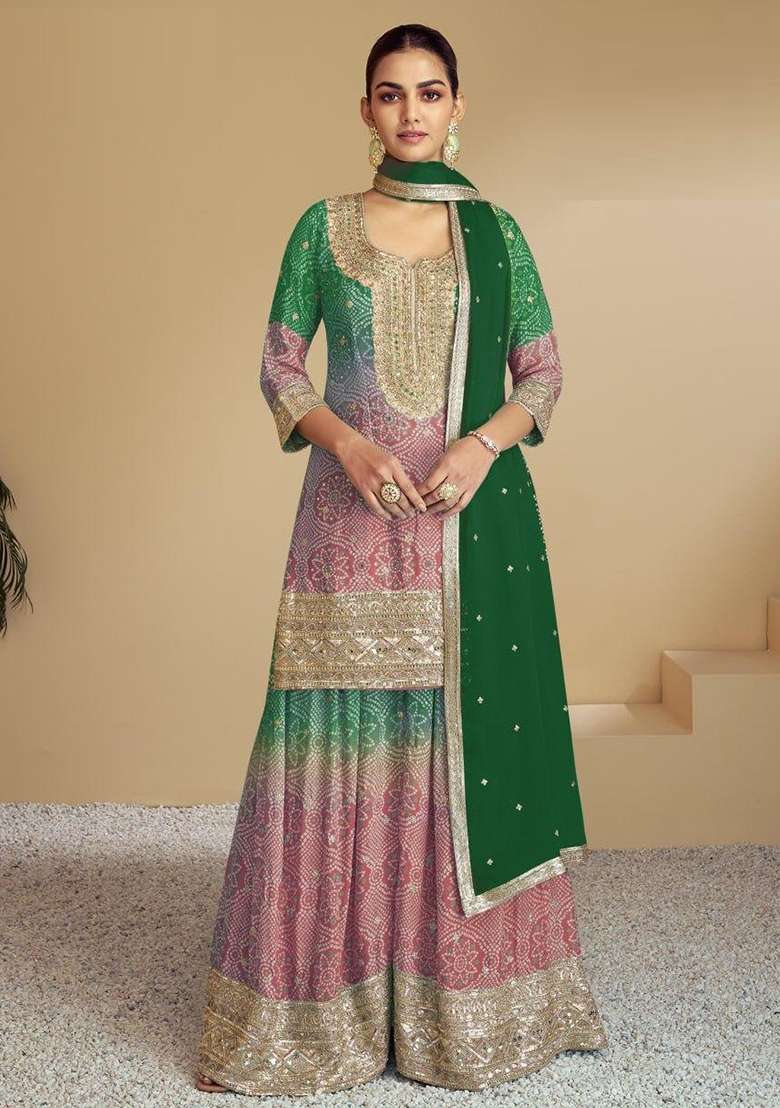 Peach Bandhani Silk Blend Sharara Set - Indya